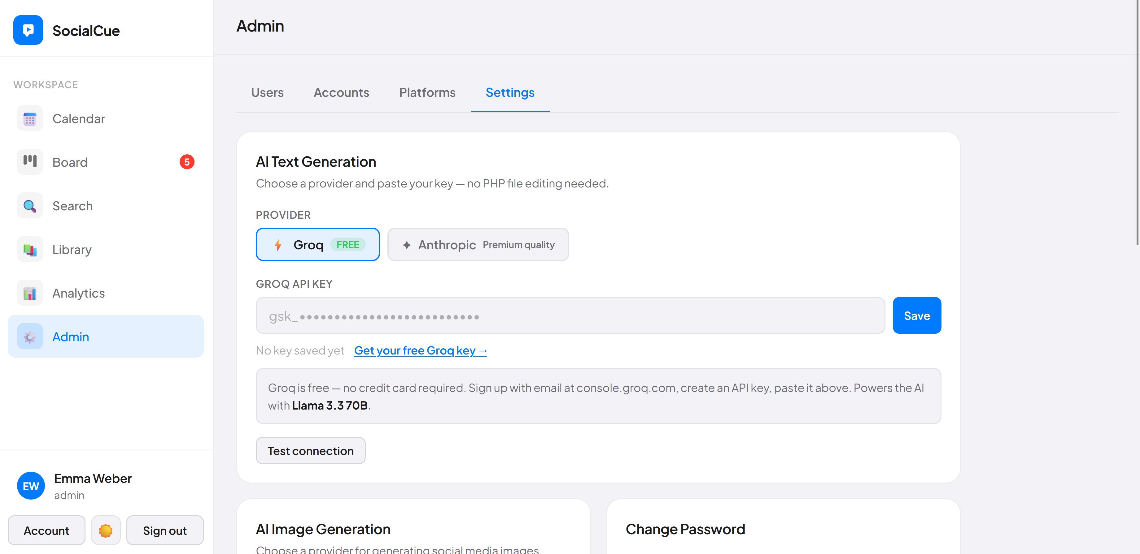 SocialCue admin settings